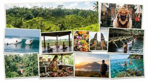 Voyageurs découvrant les plus belles activités à Bali : rizières, temples, volcan Batur et plages tropicales.
